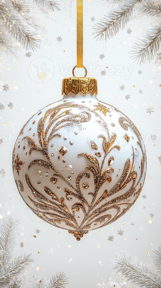 Elegant christmas ornament hanging over snow with fir branches photo