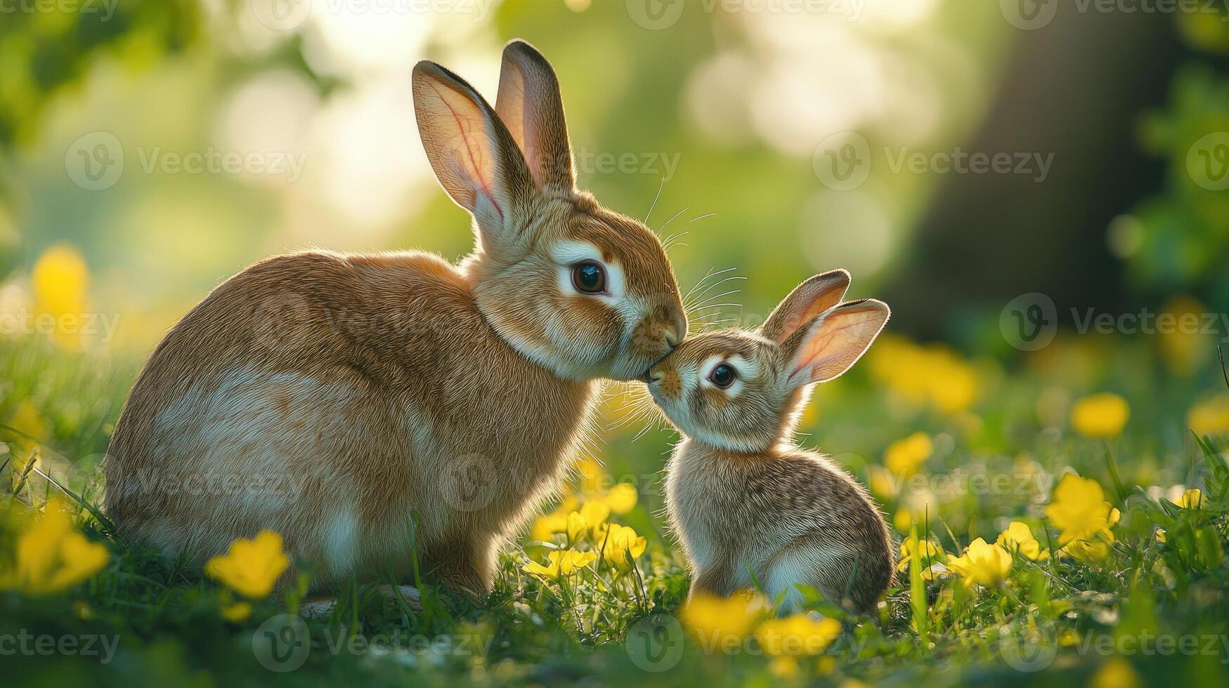 Mother rabbit kissing baby bunny in spring flowers photo