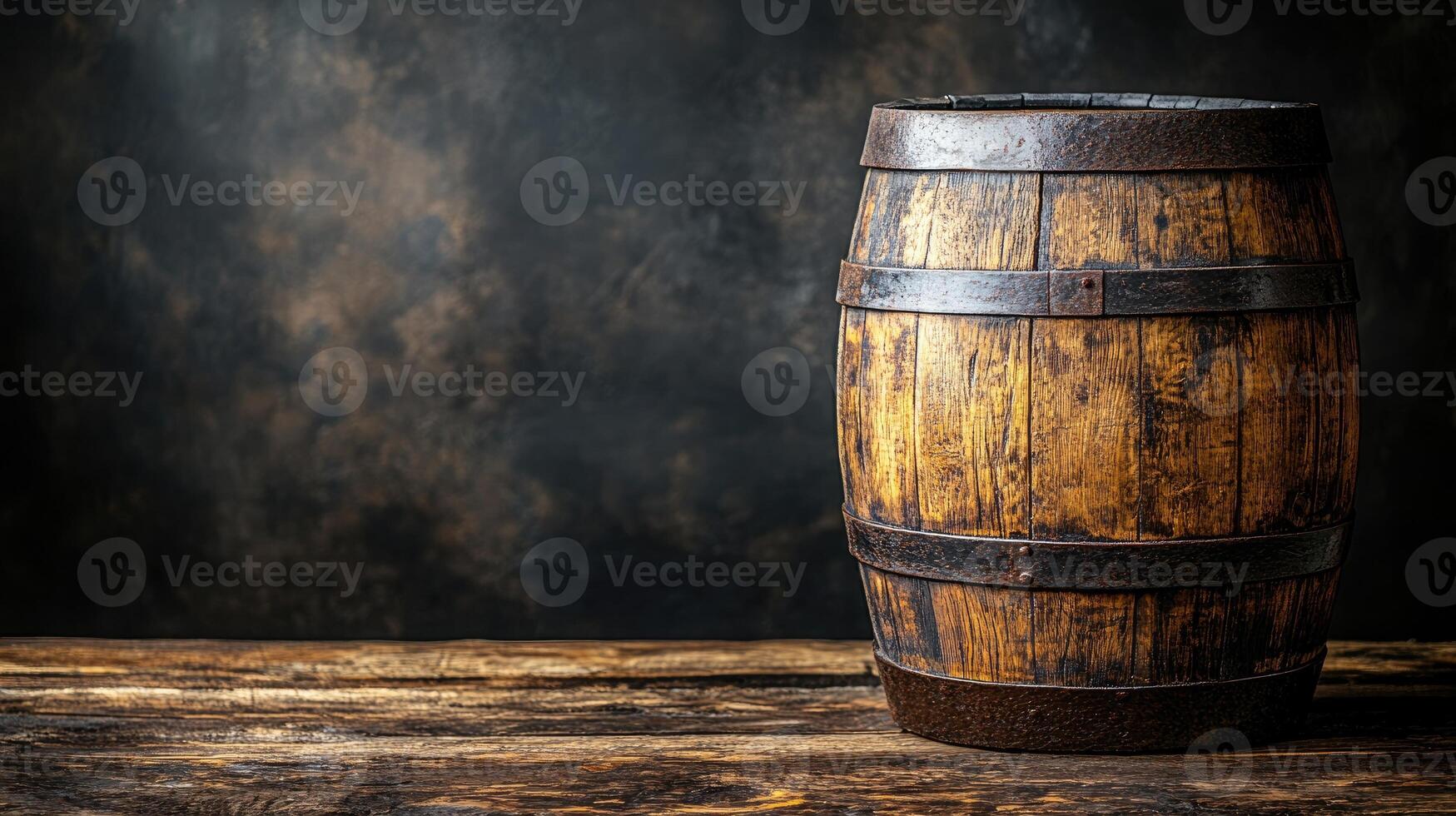 Old wooden barrel sitting on a rustic table in a cellar photo