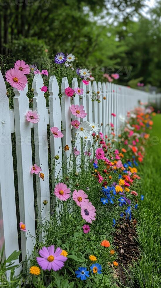 White picket fence with colorful cosmos flowers blooming in garden photo