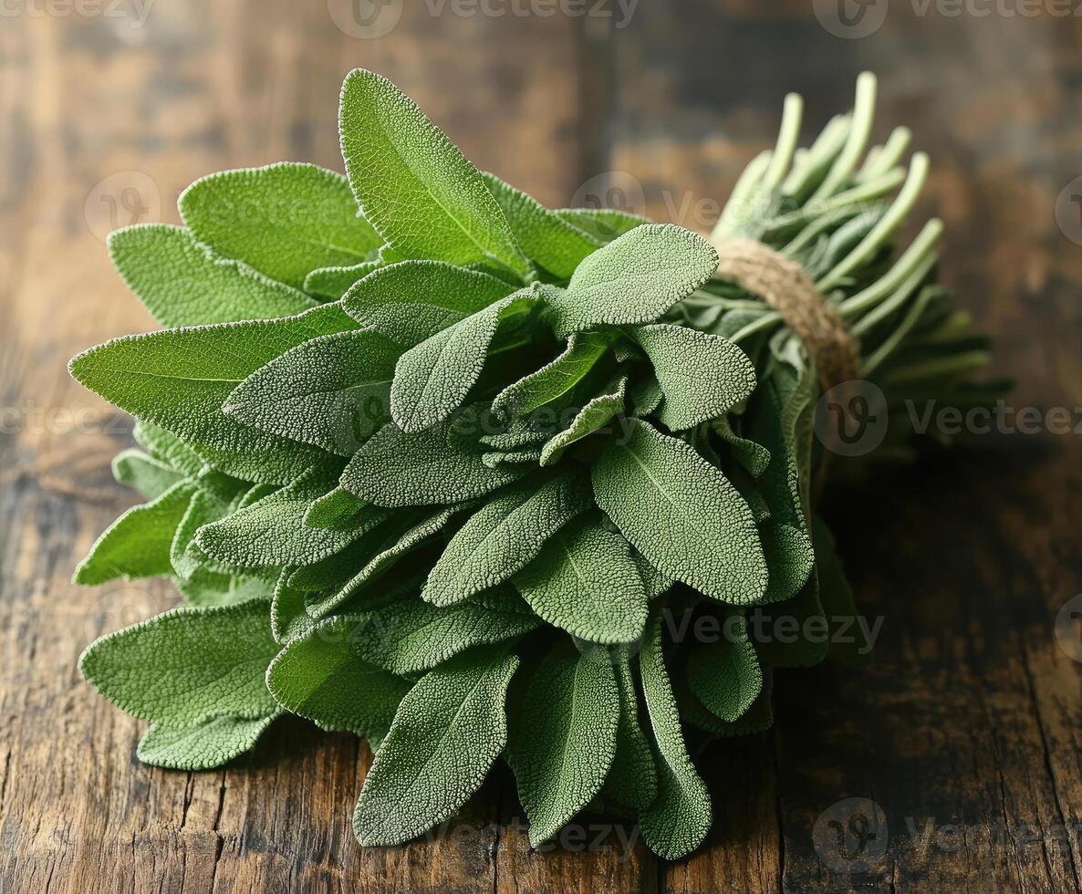 Fresh sage leaves tied together sitting on a rustic wooden table photo