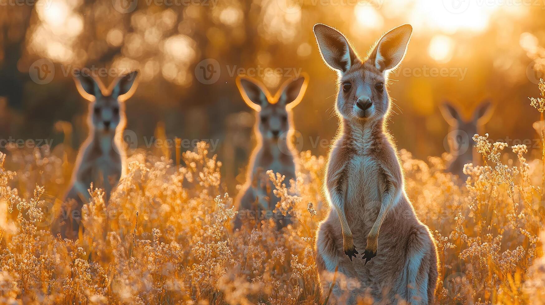 Group of kangaroos enjoying the sunset in the outback photo