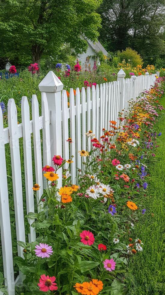 White picket fence with colorful cosmos flowers blooming in garden photo