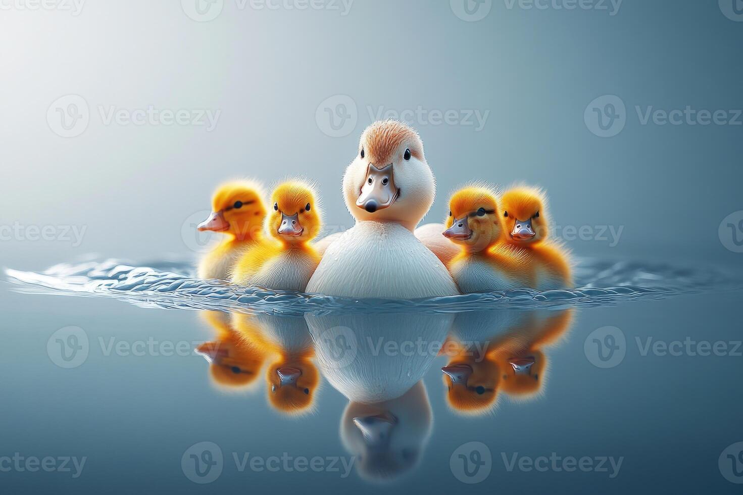 Mother duck swimming with four ducklings on lake photo
