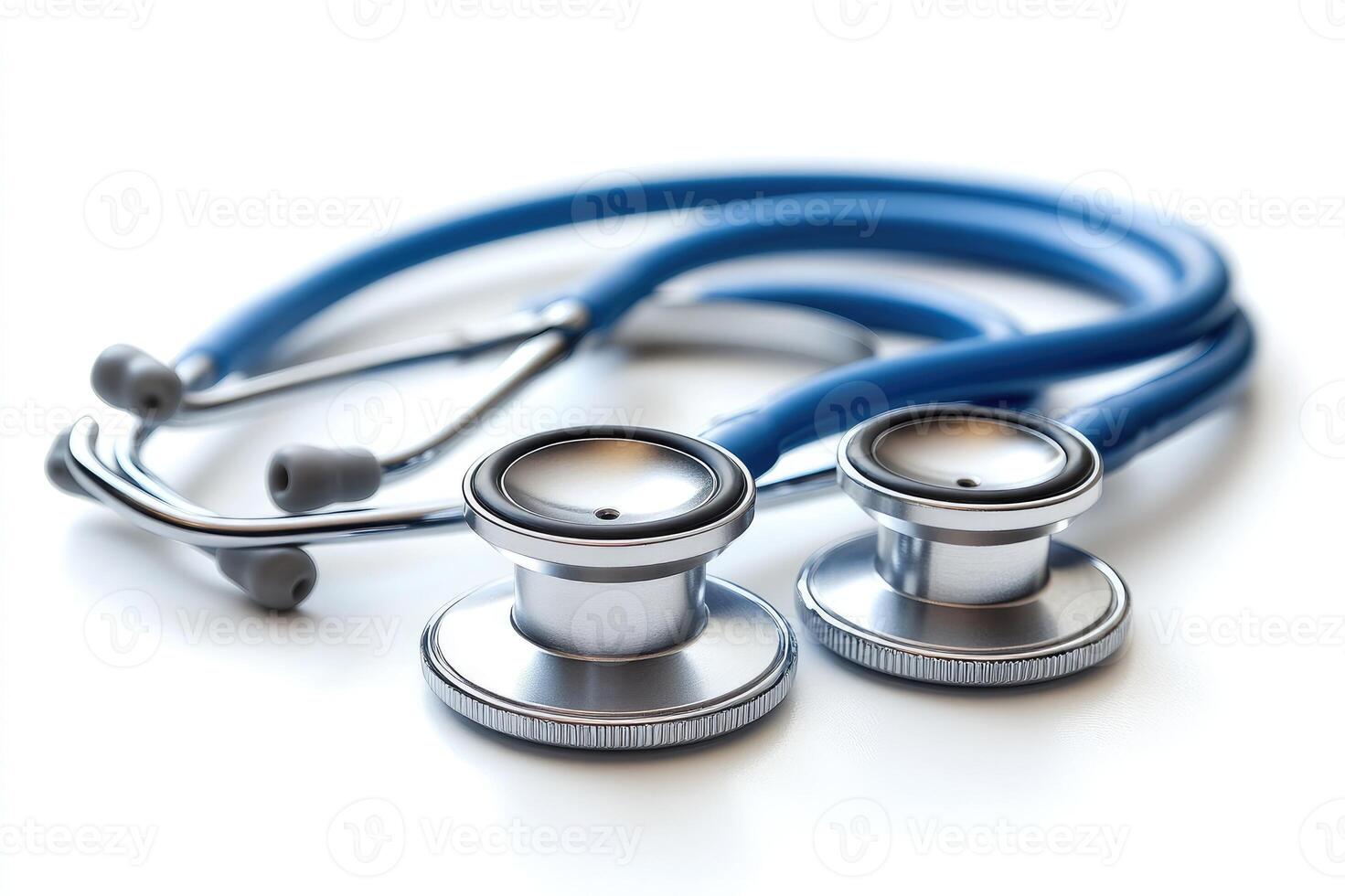 Blue stethoscope laying on white reflective surface with shallow depth of field photo