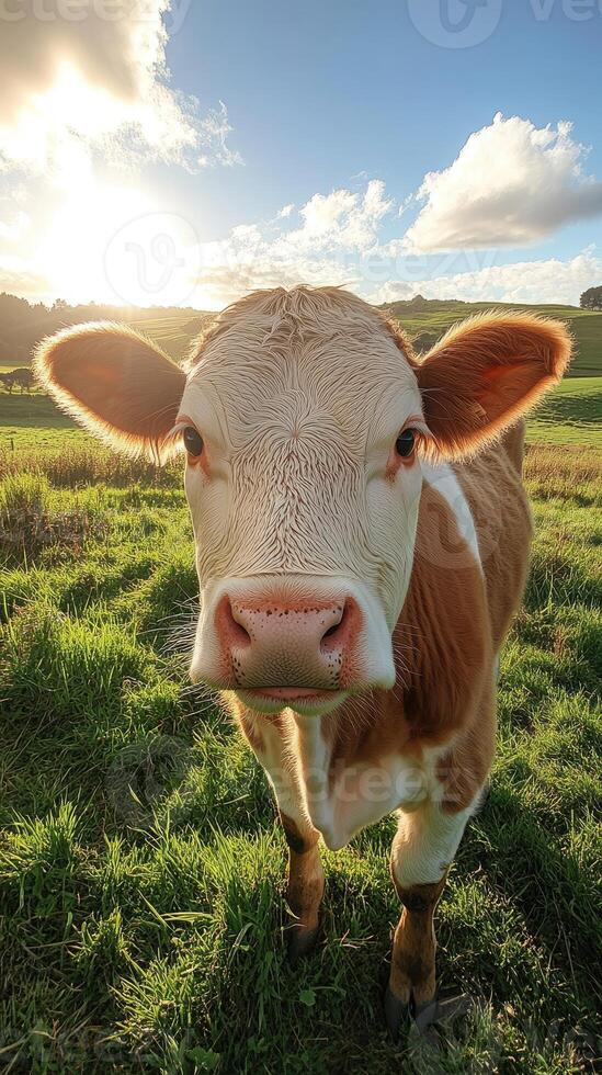 Young cow standing on grass in a field at sunset photo