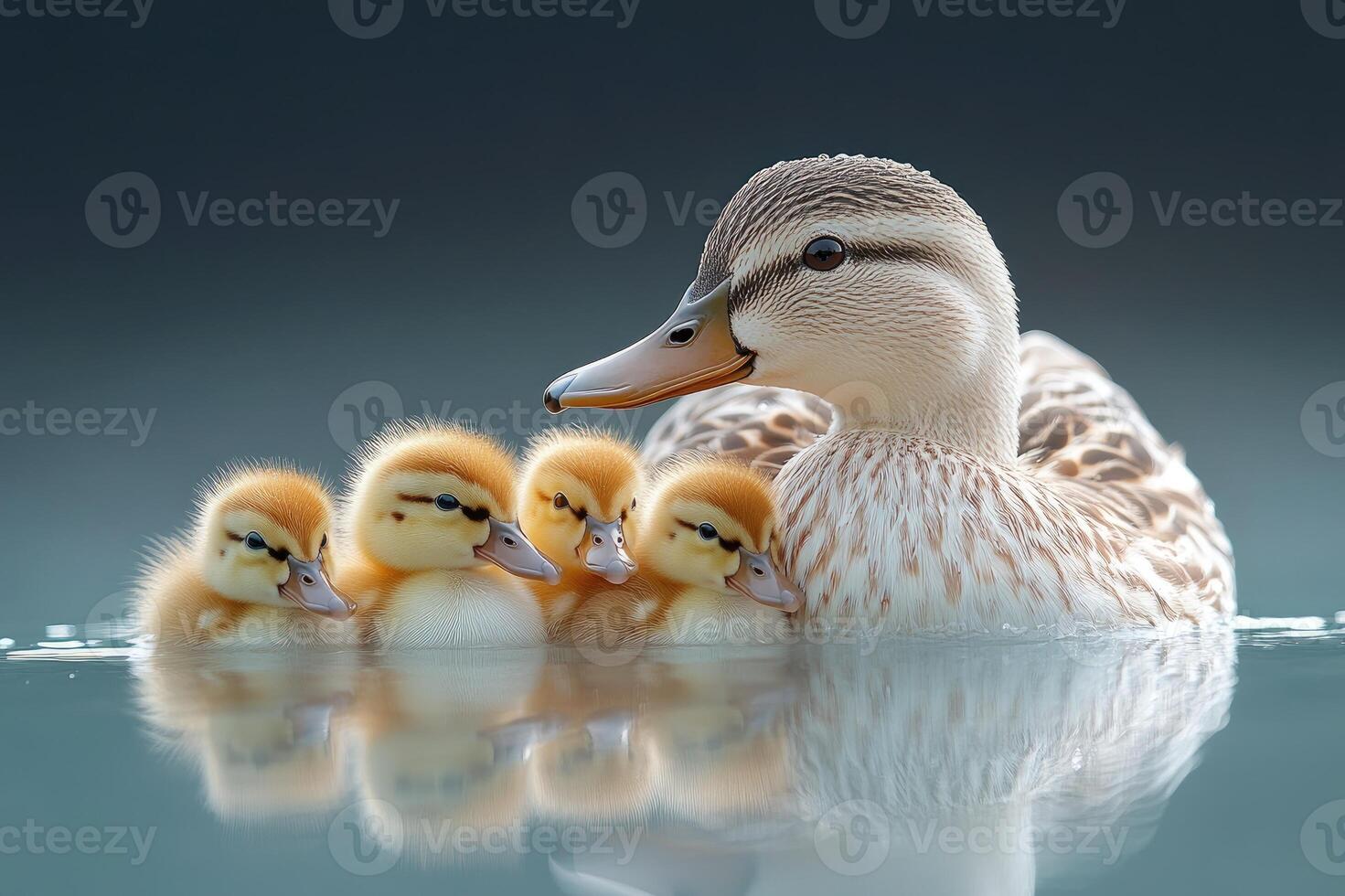 Mother duck swimming with four ducklings on lake photo