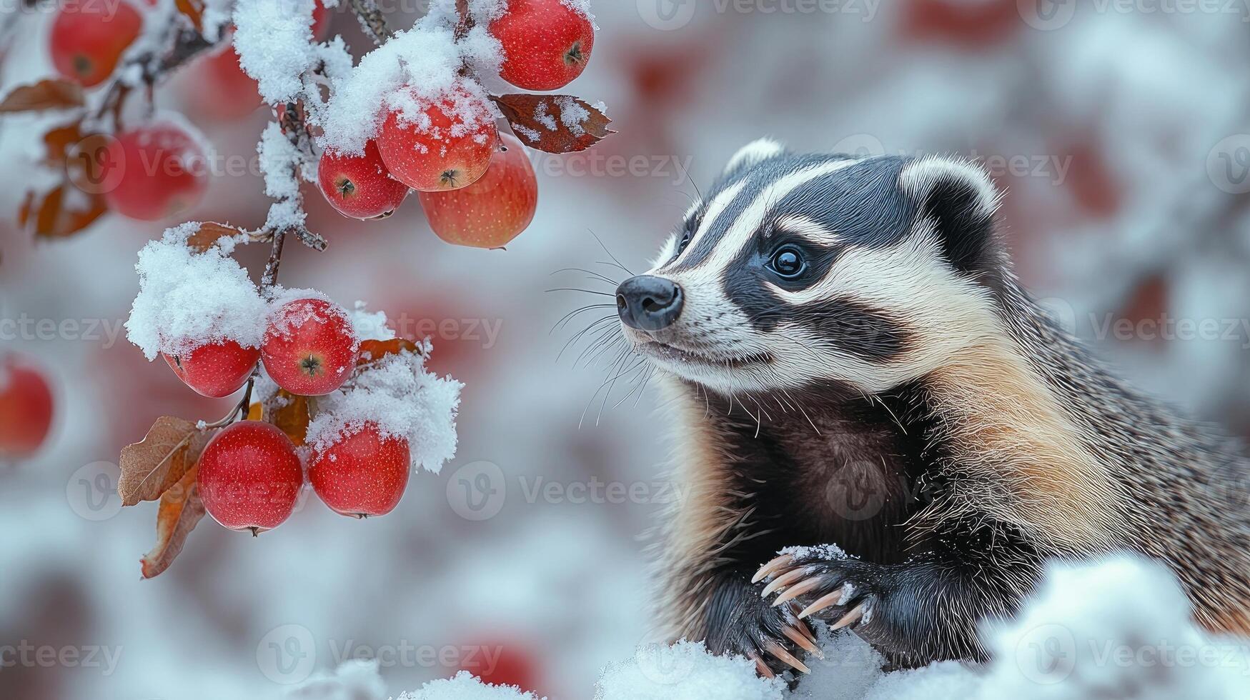 European badger reaching for apple on snowy branch photo