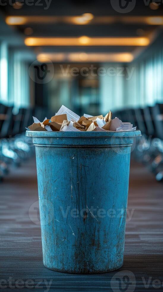 Blue trash can overflowing with paper in office building hallway photo
