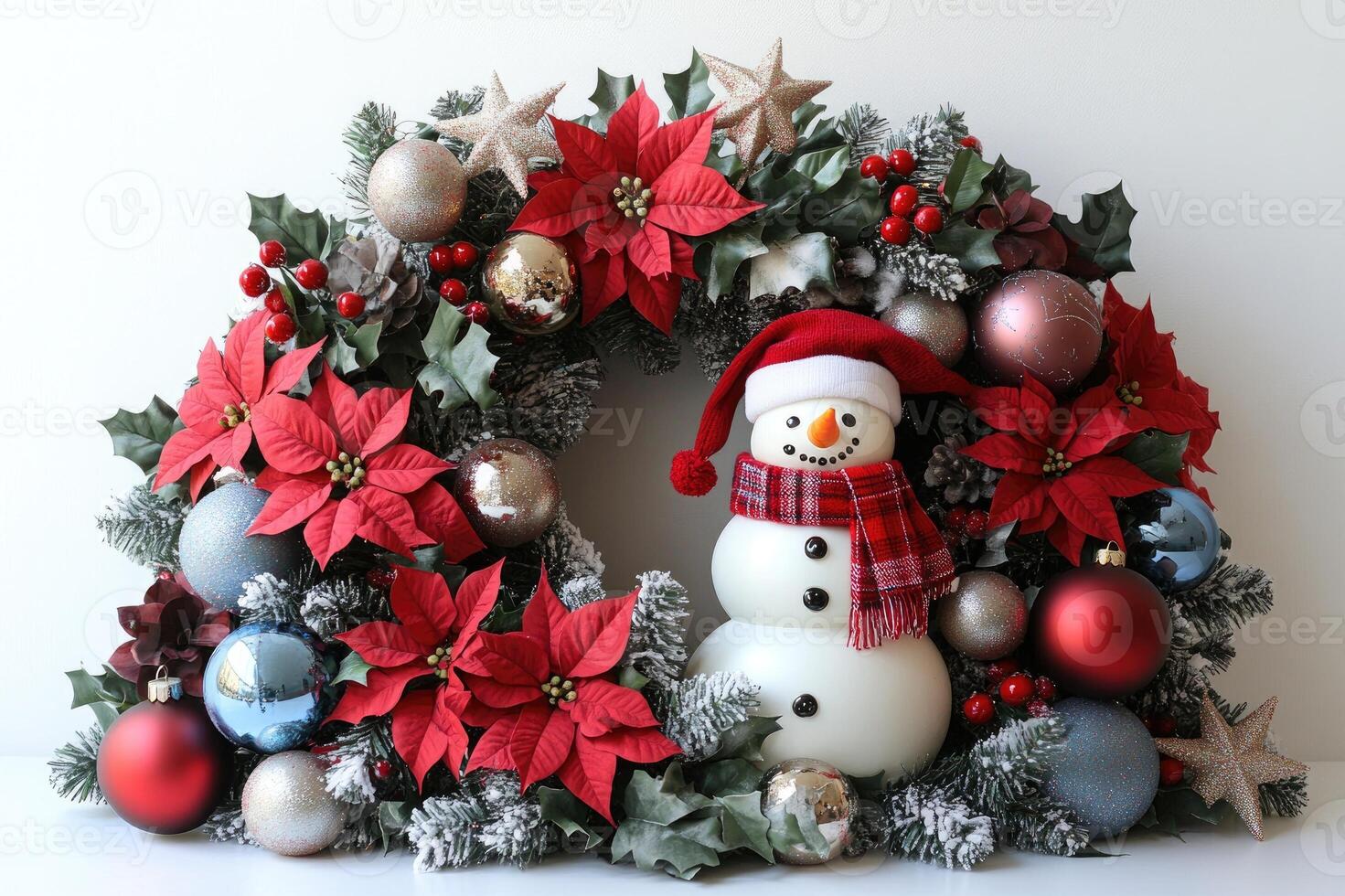 Christmas wreath with snowman, berries and baubles lying on white background photo