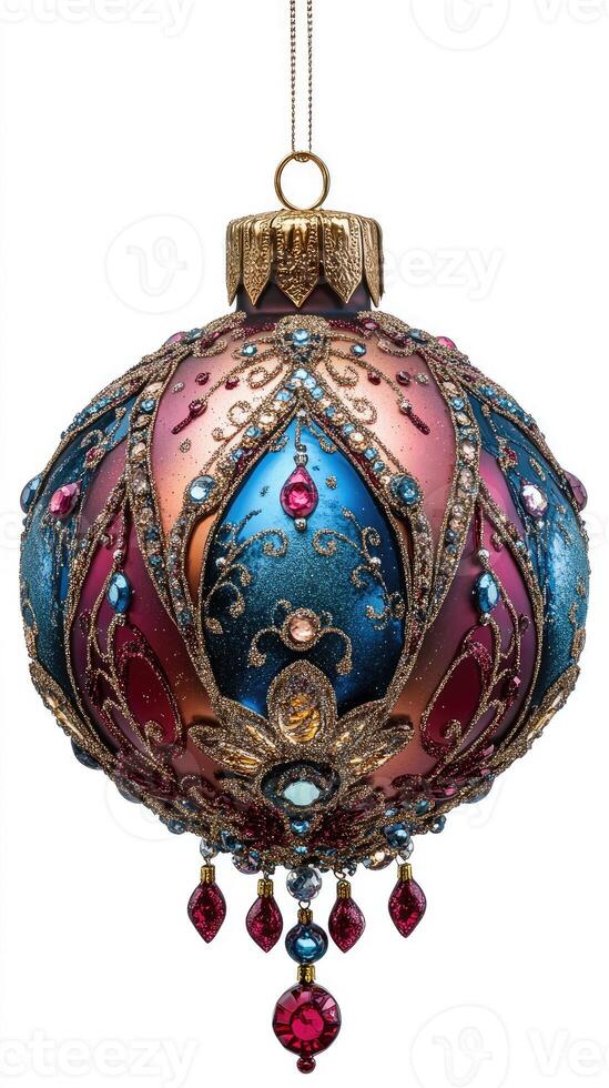 Blue christmas ornament hanging with gold and jewels detailing photo