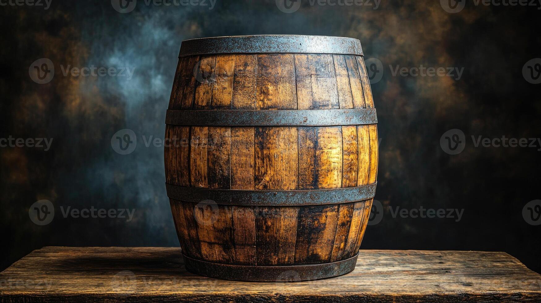 Old wooden barrel sitting on a rustic table in a cellar photo