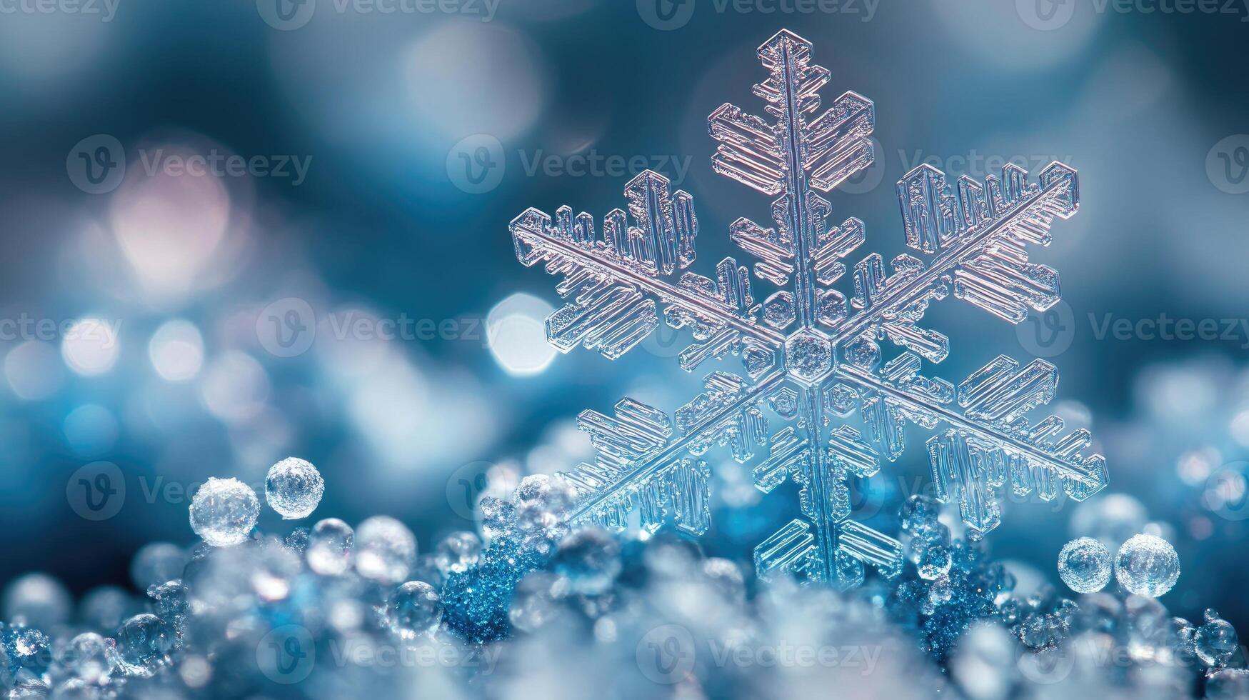 Macro photo of sparkling snowflake resting on frozen surface