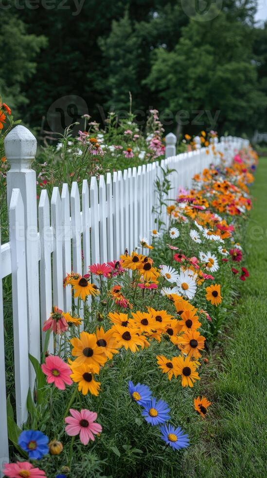 White picket fence with colorful cosmos flowers blooming in garden photo