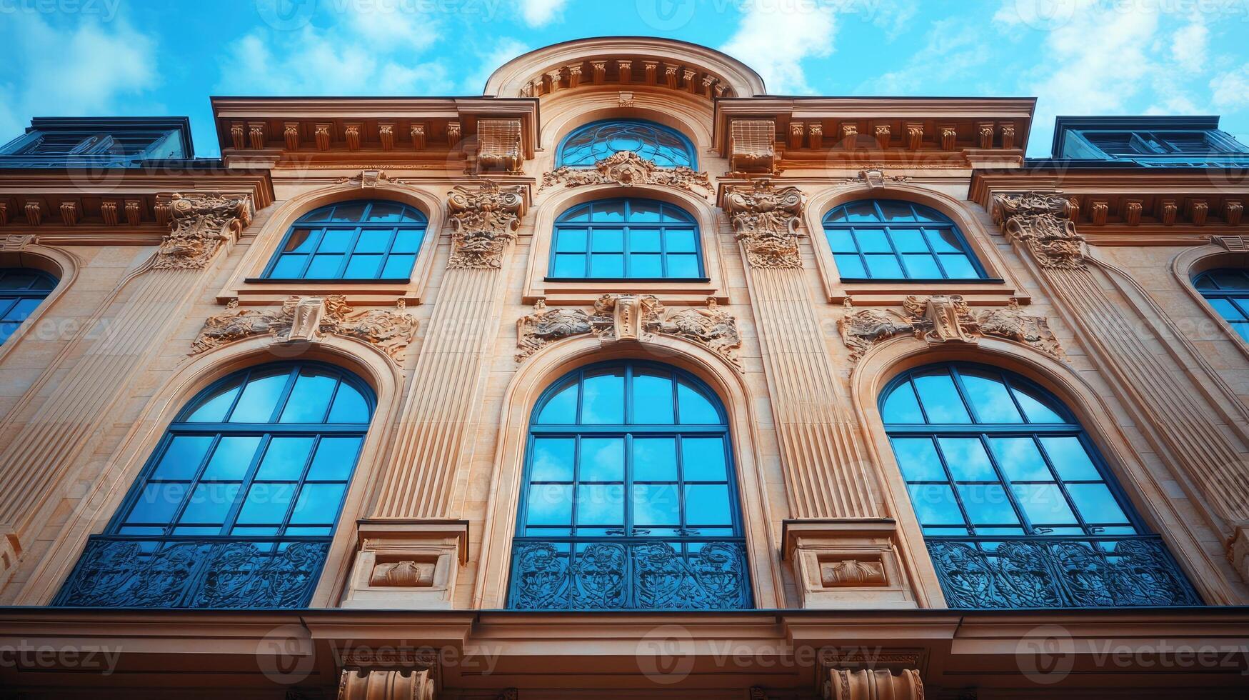 Elegant classical european building facade with arched windows reflecting sky photo