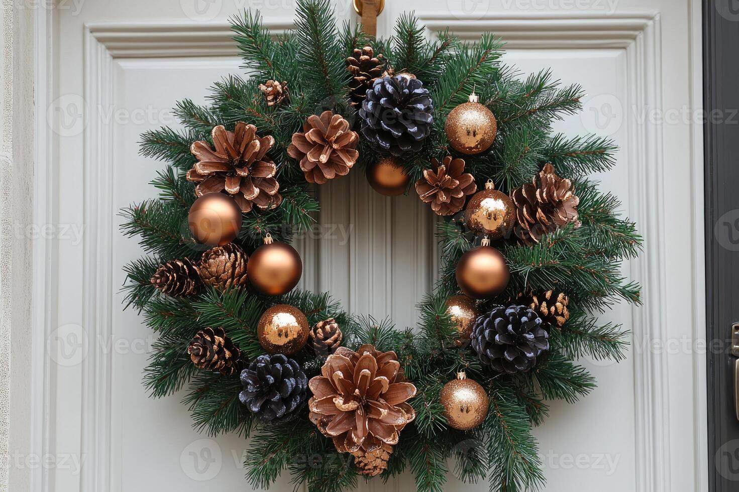 Christmas wreath hanging on front door with pine cones and ornaments photo