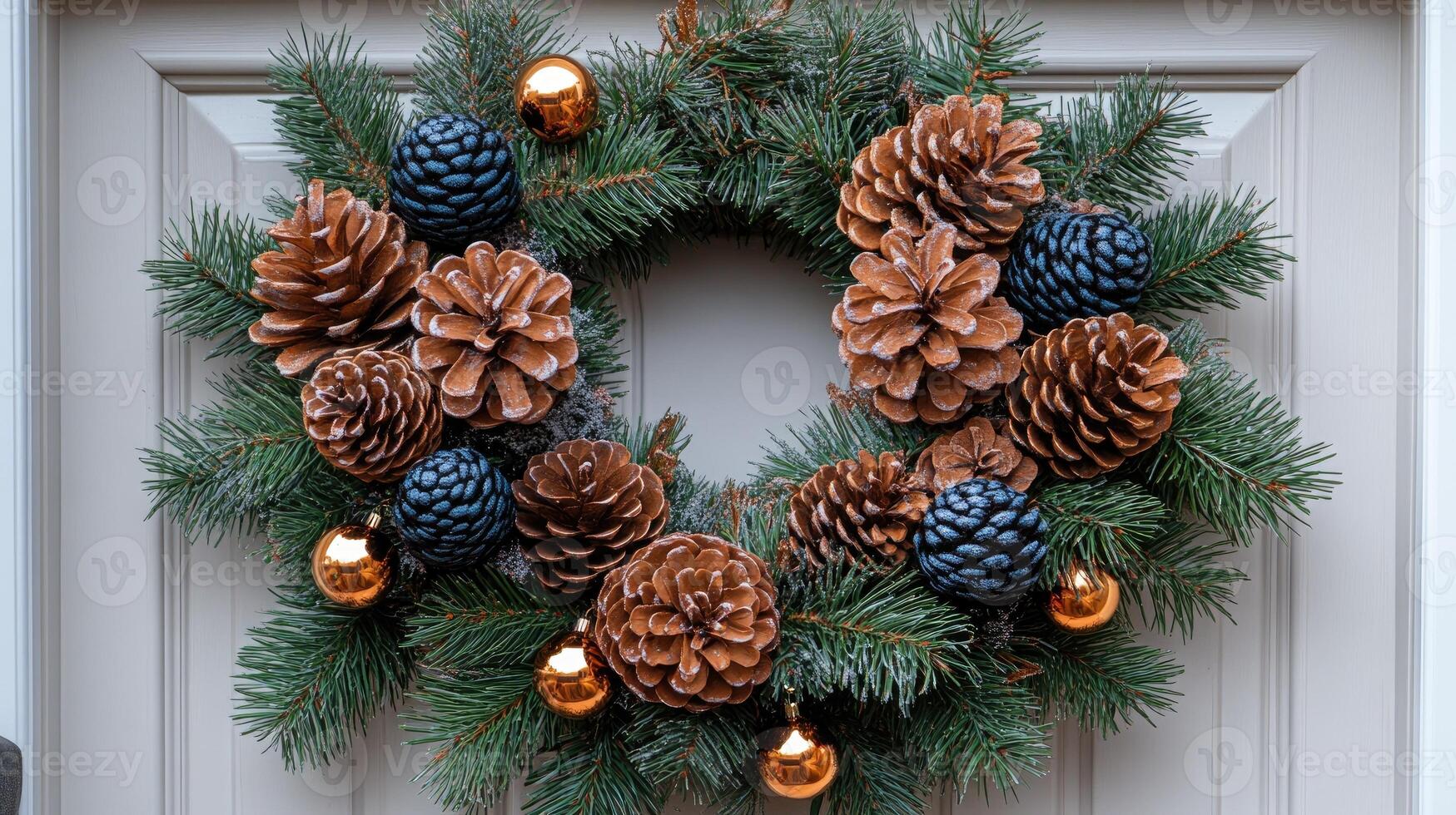 Christmas wreath hanging on white front door with gold and bronze baubles and pine cones photo