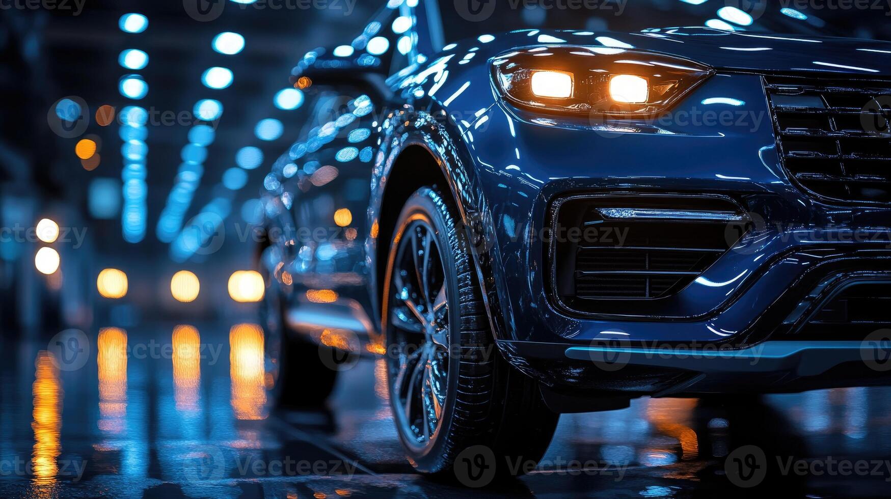 Modern suv car parked in showroom with lights reflecting off the hood photo