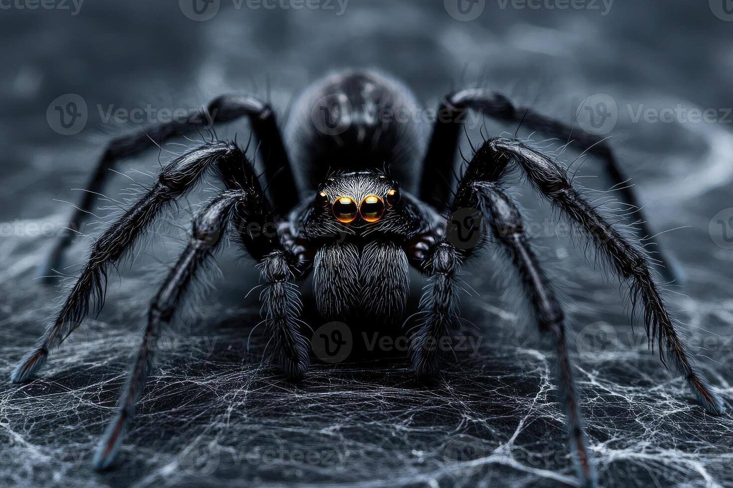 Large black and orange spider standing on web at sunset photo