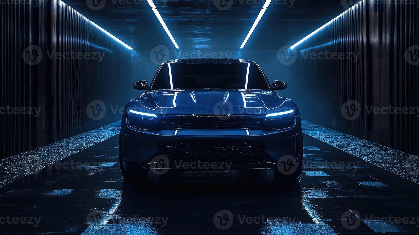 Modern suv car parked in showroom with lights reflecting off the hood photo
