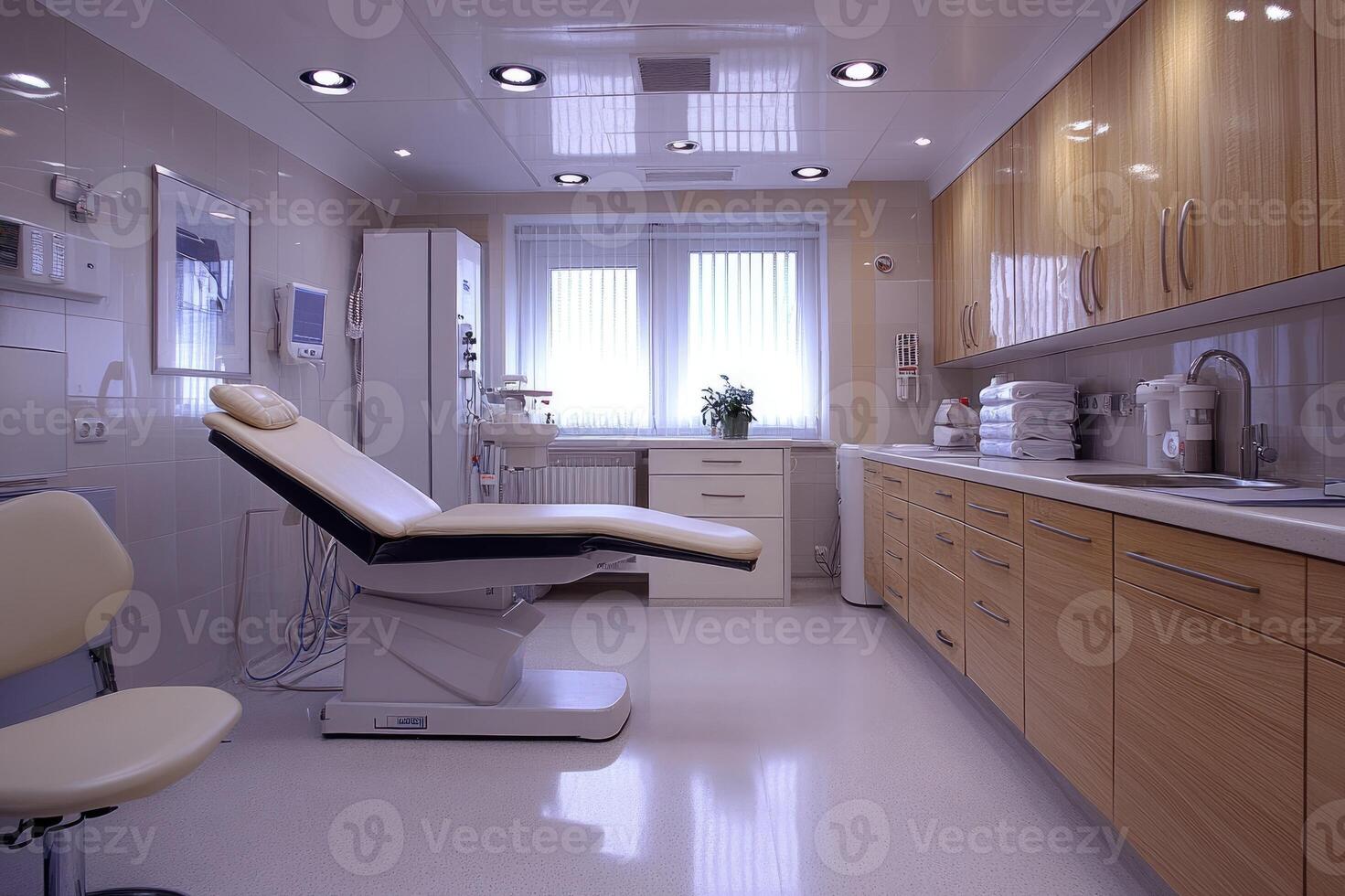Modern medical examination room with examination table and cabinets photo