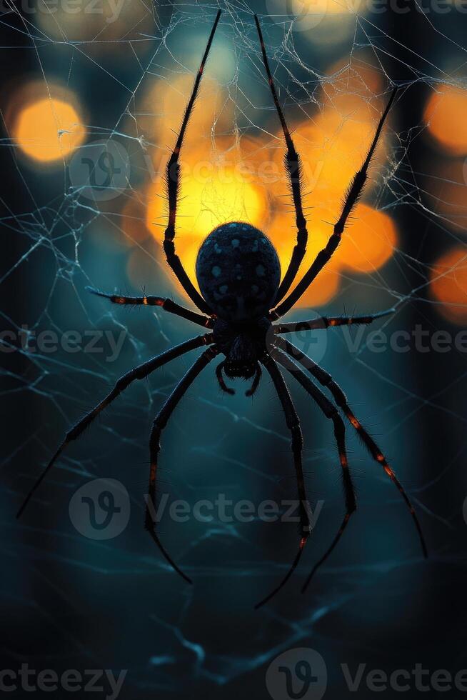 Large spider hanging on web with bokeh lights photo