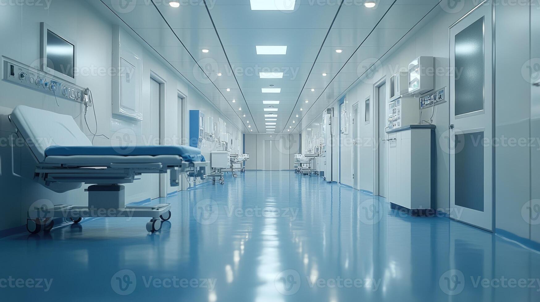 Empty hospital corridor with beds and medical equipment photo