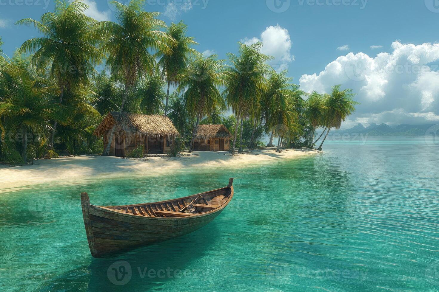 Small wooden boat floating in ocean near tropical island with bungalow photo