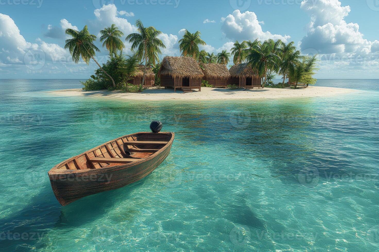 Small wooden boat floating in ocean near tropical island with bungalow photo