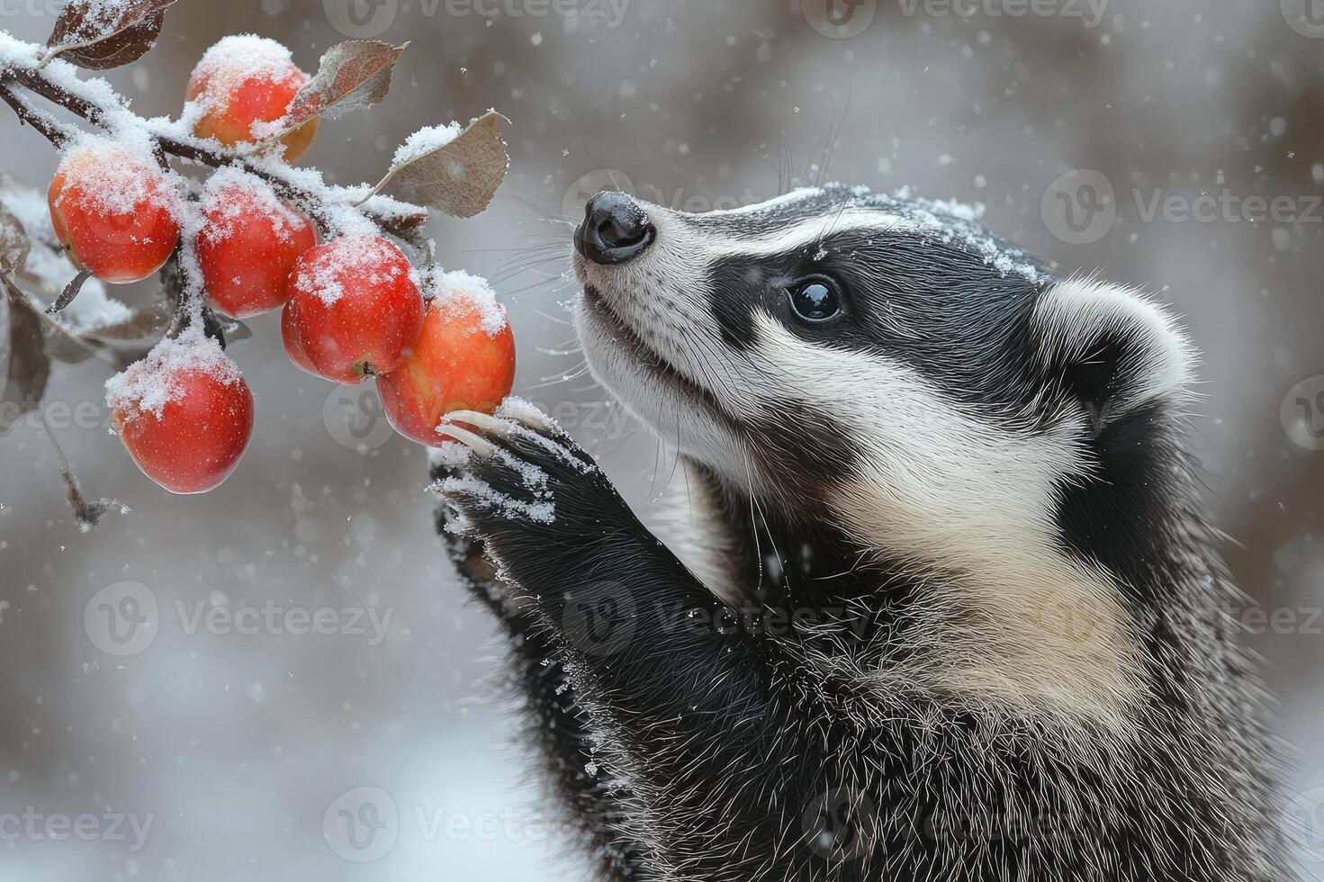 Curious badger looking up at apples on a snowy branch photo