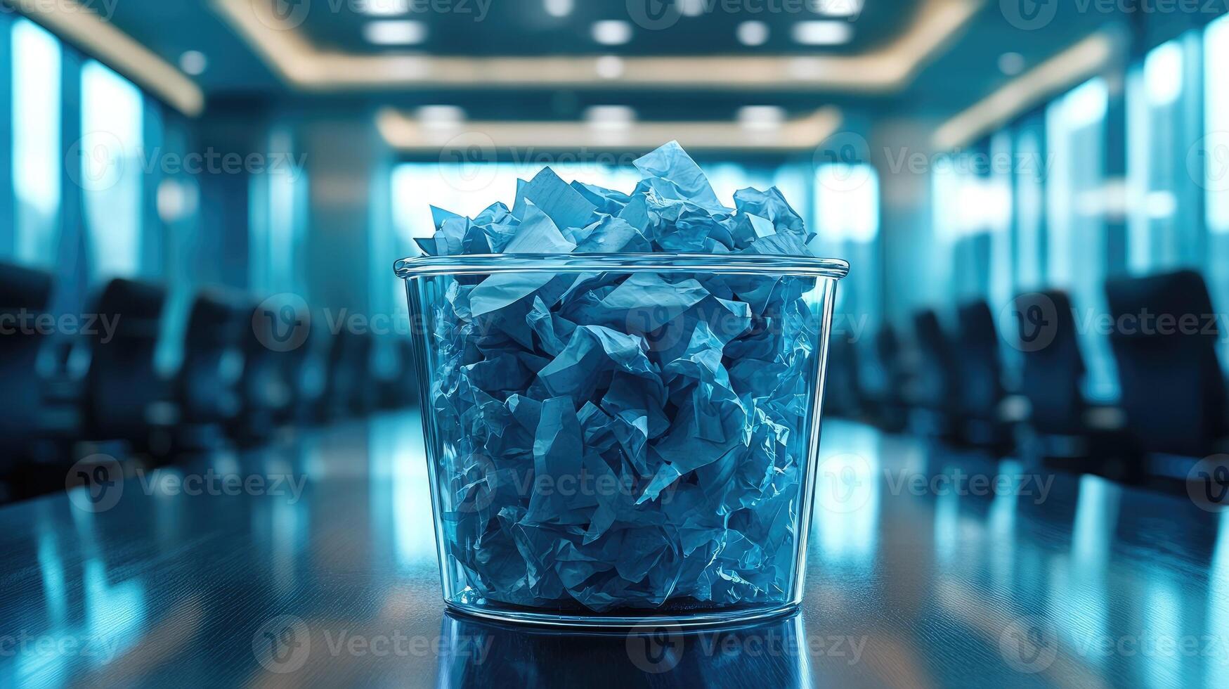 Overflowing trash can full of paper in conference room after business meeting photo