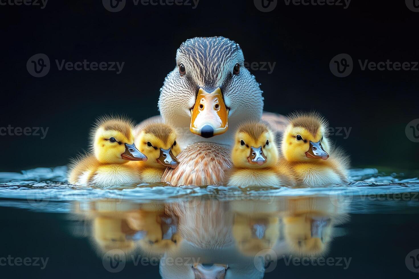 Mother duck swimming with four ducklings on lake photo