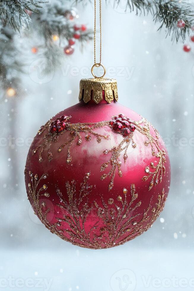 Elegant red and white christmas bauble hanging on string with floral pattern photo