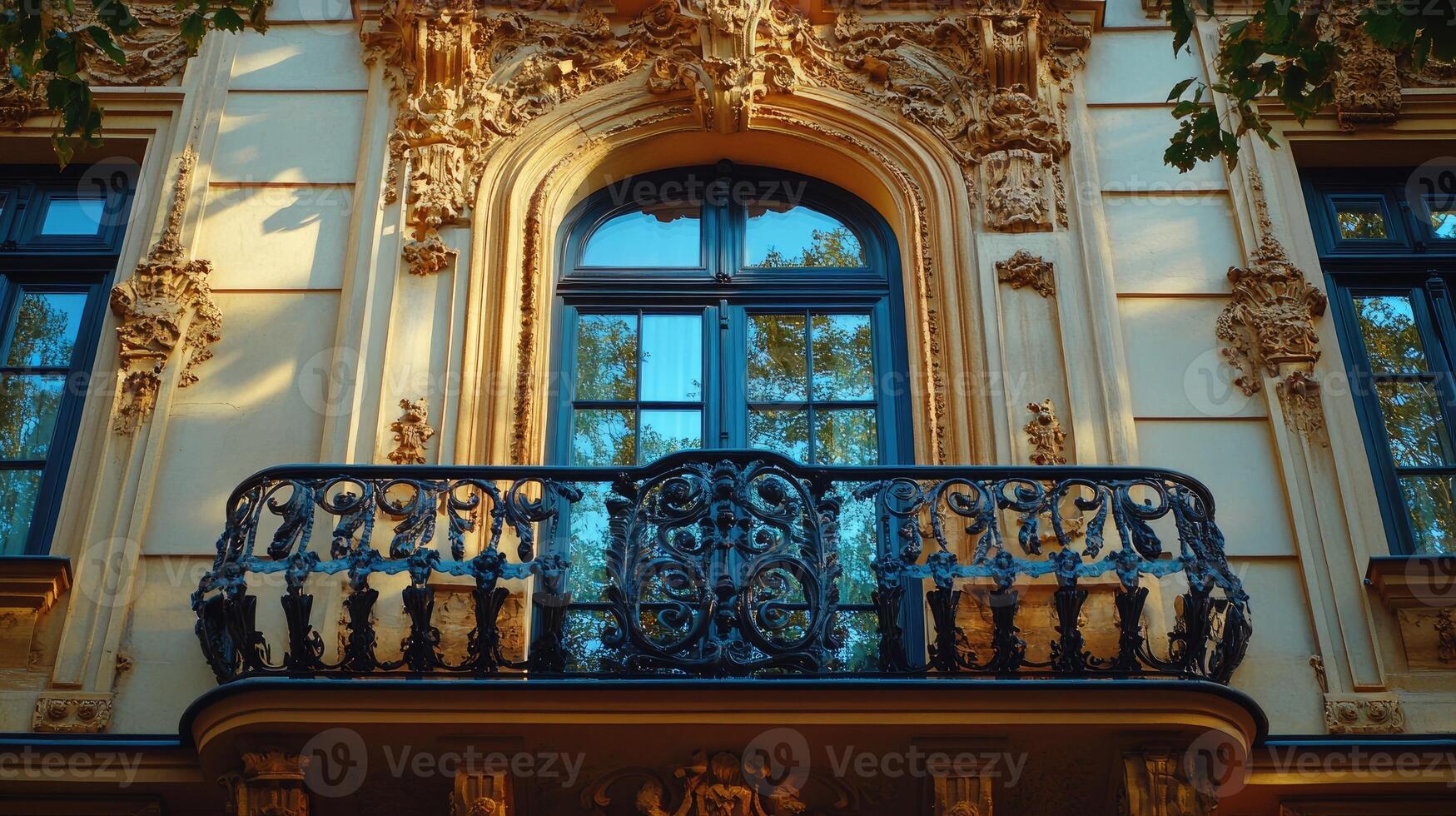 Ornate wrought iron balcony reflecting trees in windows photo