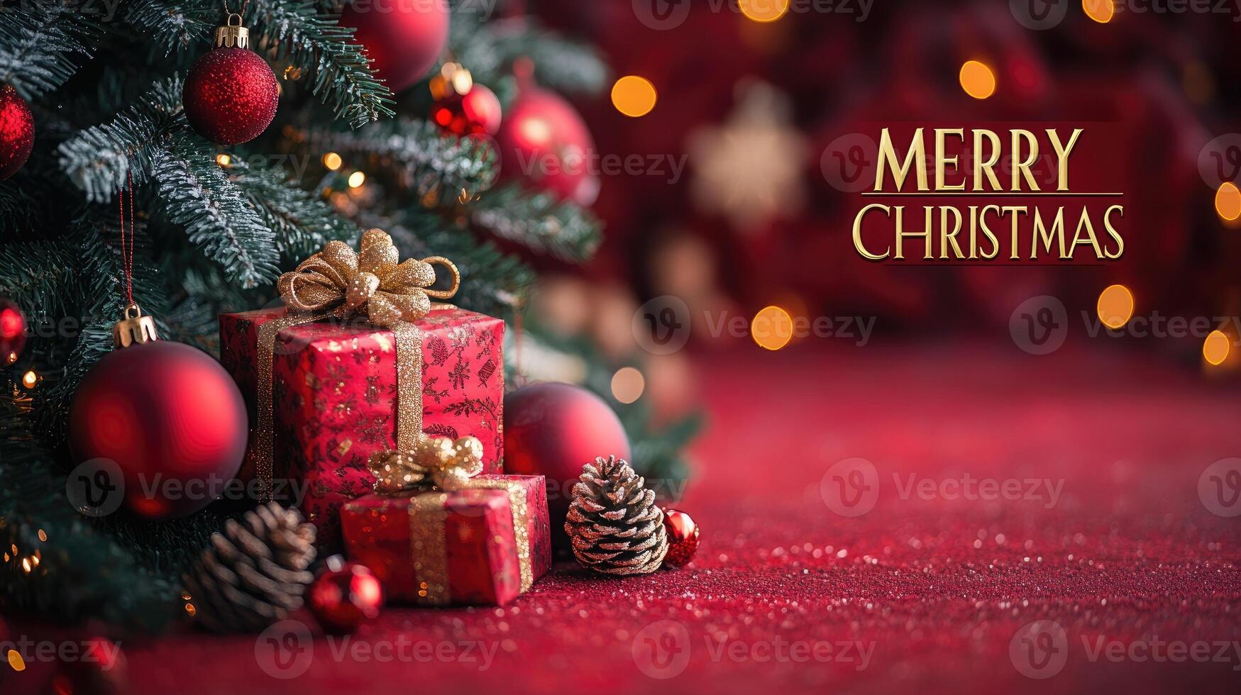 Christmas tree decorated with red and gold ornaments and gifts photo