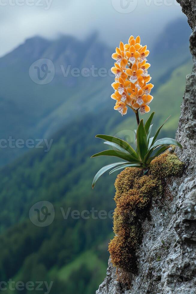 Orange orchid blooming on cliff face in lush tropical rainforest photo
