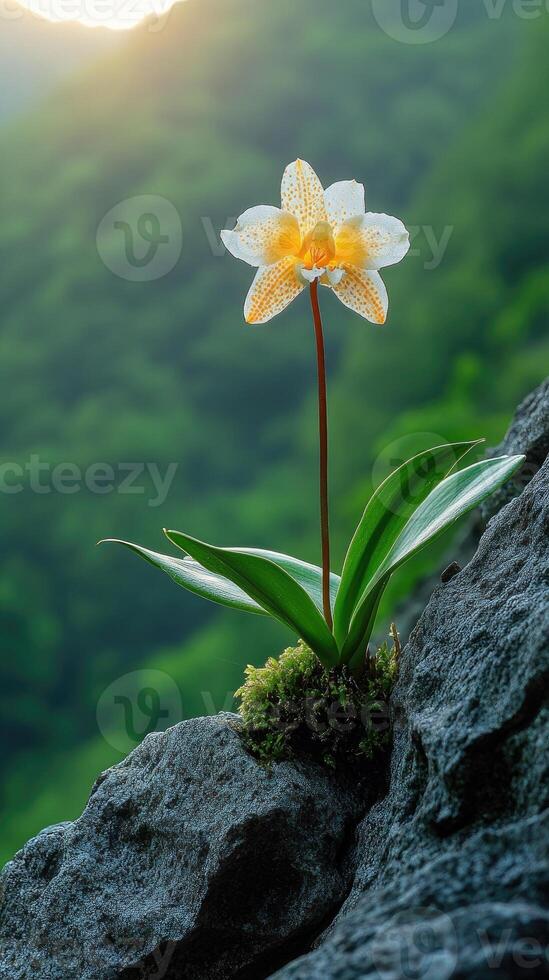 Orange and white orchid growing on rock face in andes mountains photo