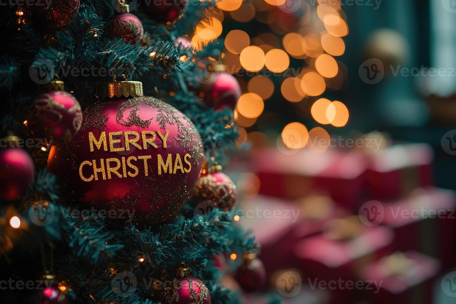 Red christmas bauble hanging on a decorated christmas tree with bokeh lights photo