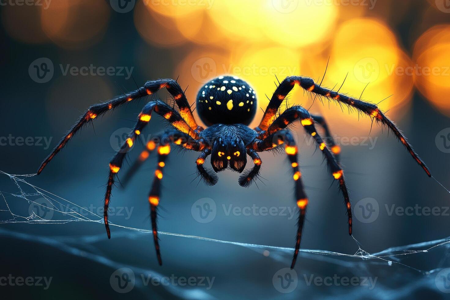 Large black and orange spider standing on web at sunset photo