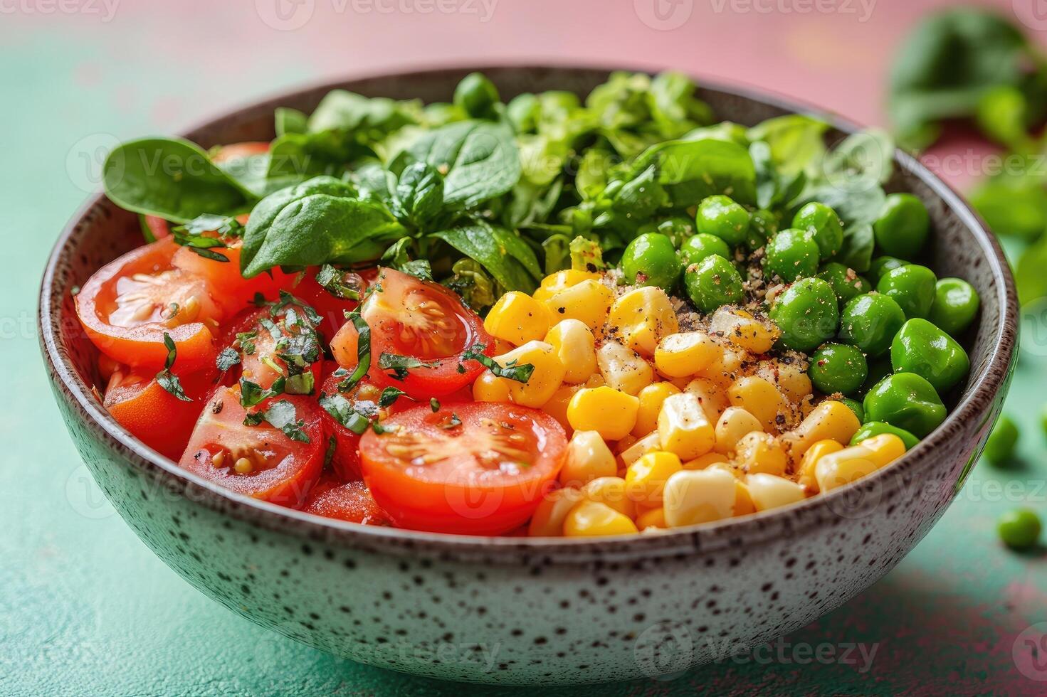 Bowl of fresh summer salad with spinach, tomatoes, corn and peas photo