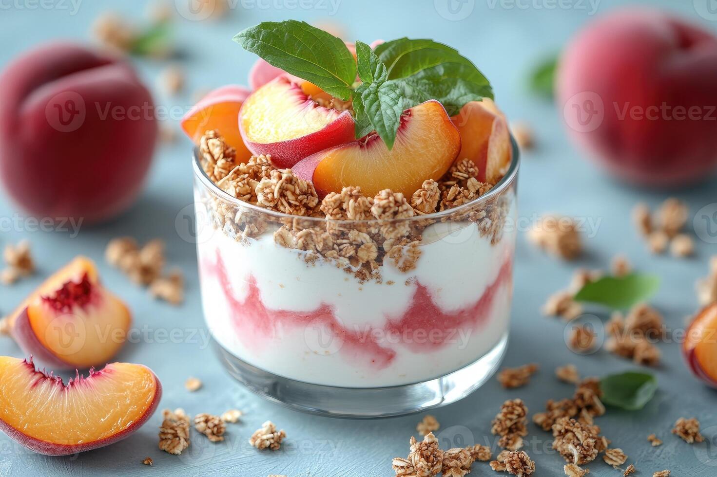 Glasses of yogurt decorated with peach slices and flowers on a blue table photo