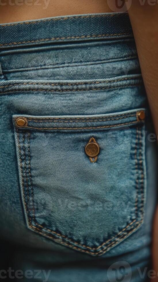 Woman wearing blue jeans showing back pocket detail photo