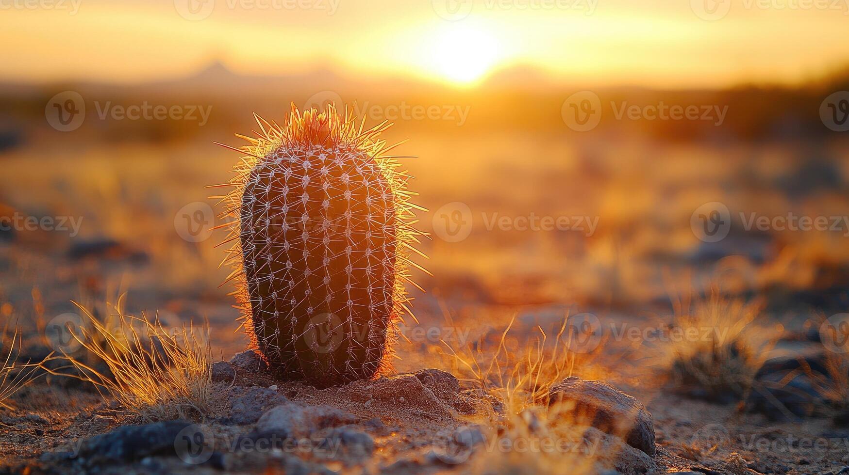 Lone cactus standing strong in the desert sunset photo
