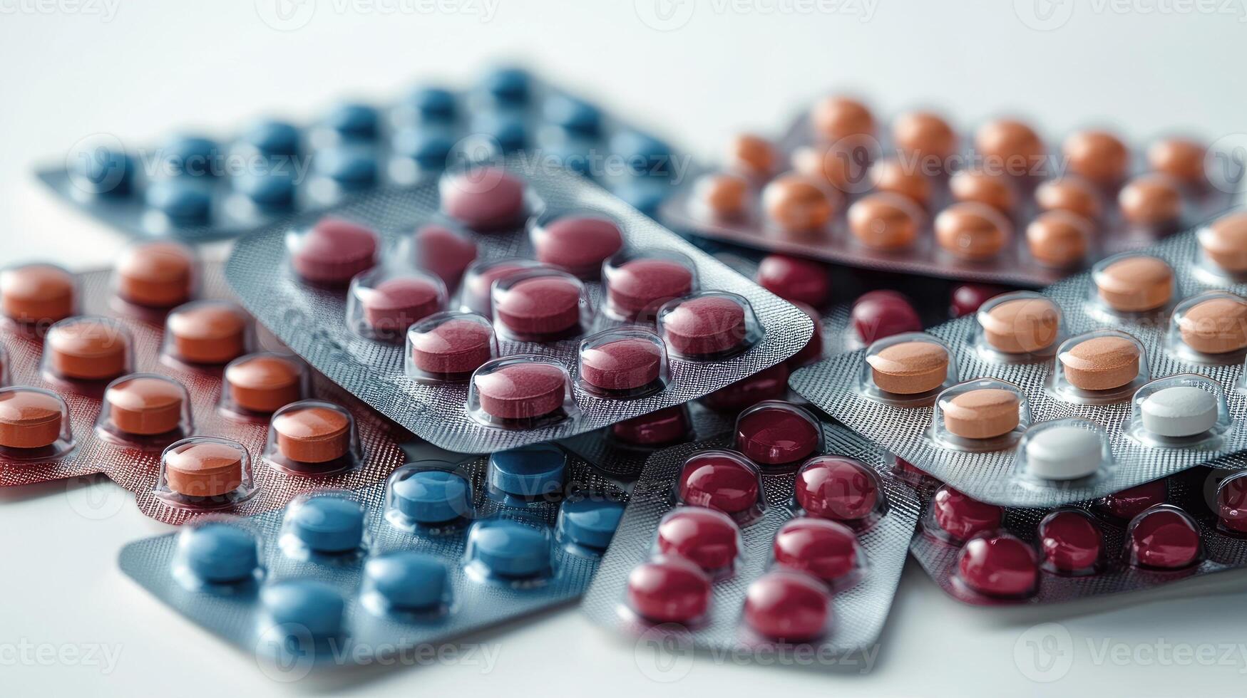 Colorful medical pills laying in blisters on white background photo