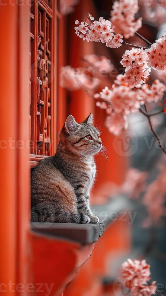 Tabby cat sitting on a ledge by cherry blossoms in spring photo