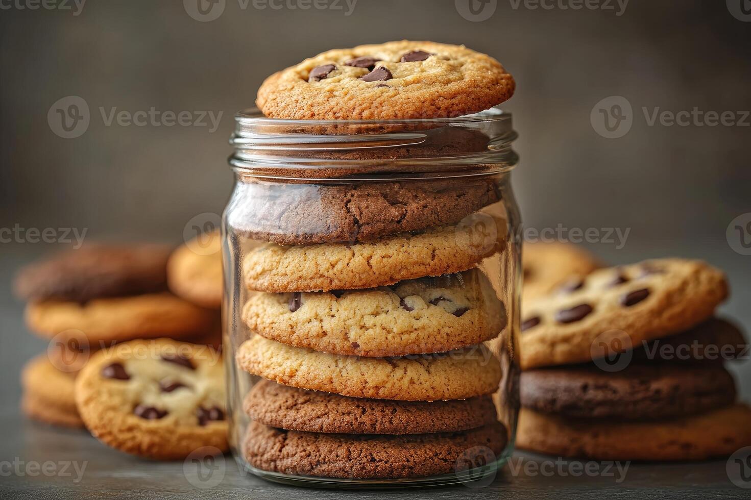 Peanut butter cookies being stored in glass jar with string photo