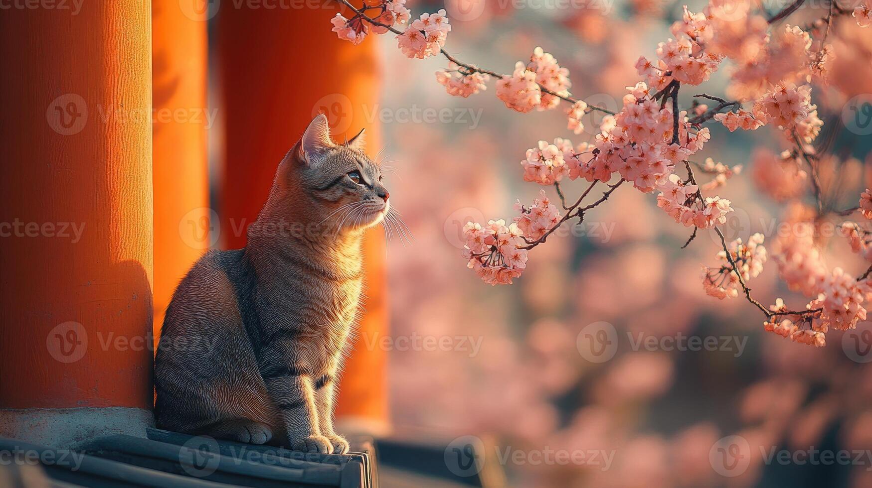 Cat sitting next to cherry blossoms at japanese temple photo