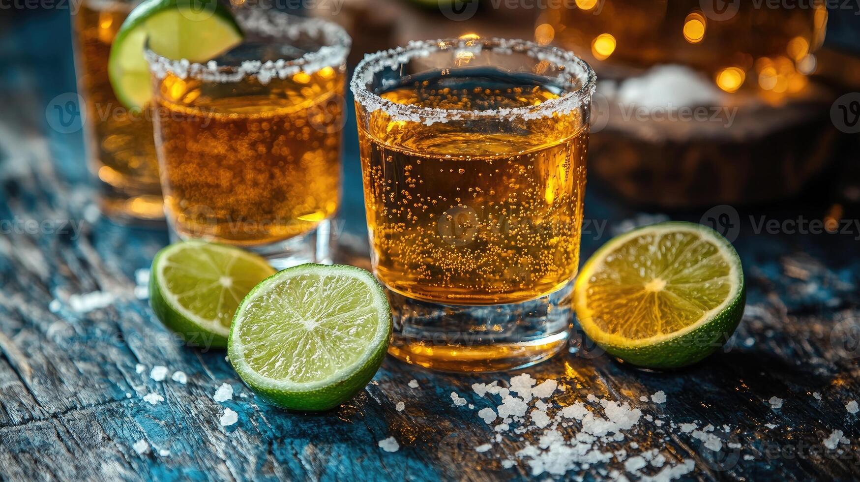 Three glasses of tequila standing on wooden board with salt and lime slices photo