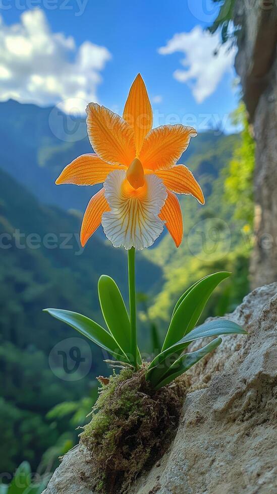 Orange and white orchid growing on rock face in andes mountains photo