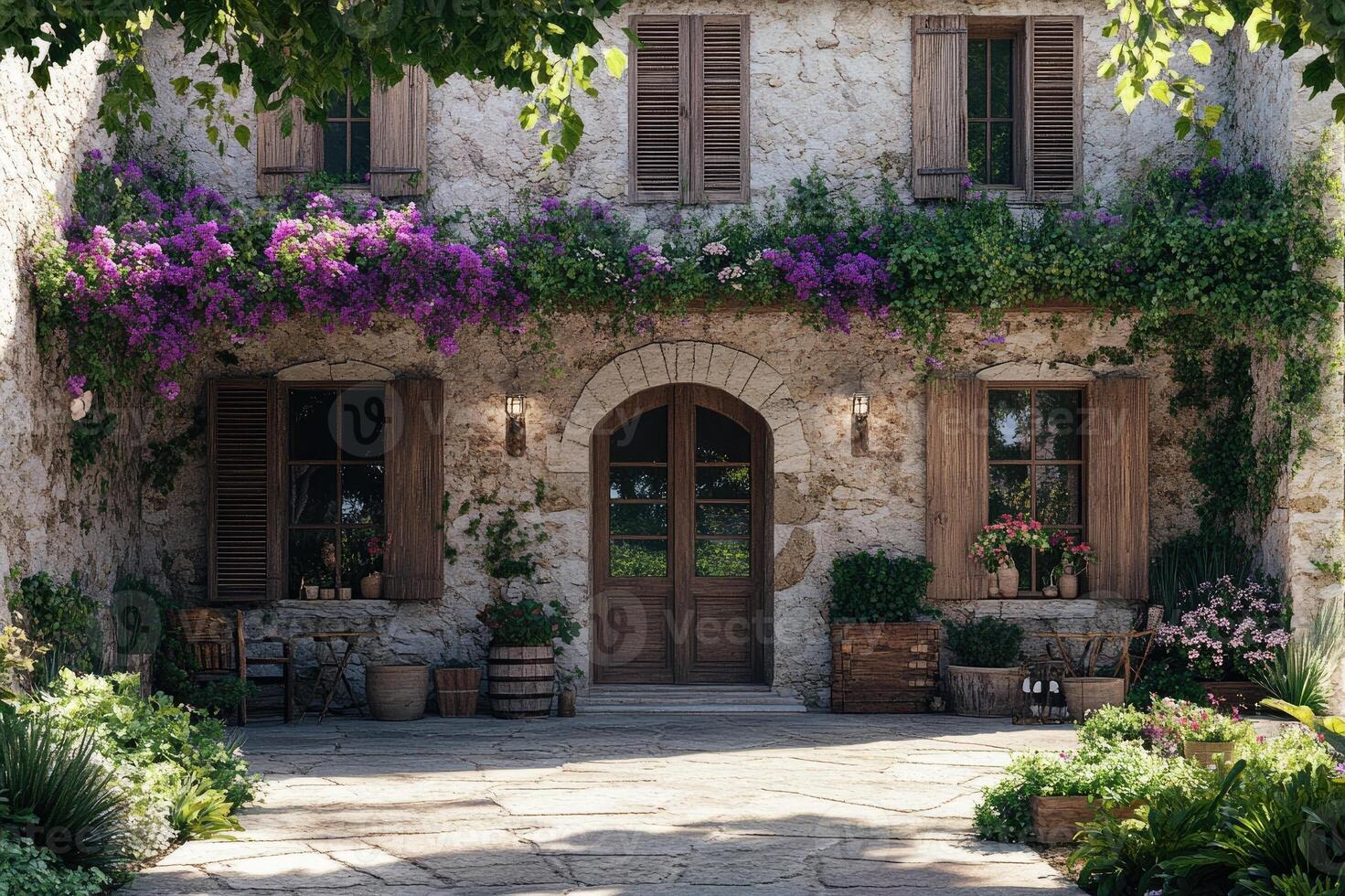 Beautiful stone house facade covered in flowers photo